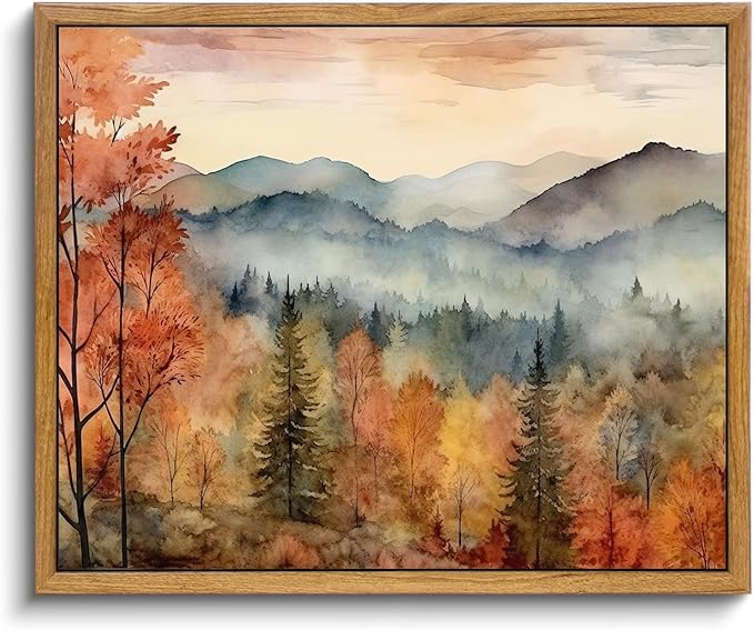 KBKBART Framed Vintage Wall Art for Living Room Bedroom Decor, Retro Autumn Watercolor Country Landscape Canvas Painting Farmhouse Wall Art, Rustic Fall Bathroom Wall Decor Vintage Room Decor(16"x24")