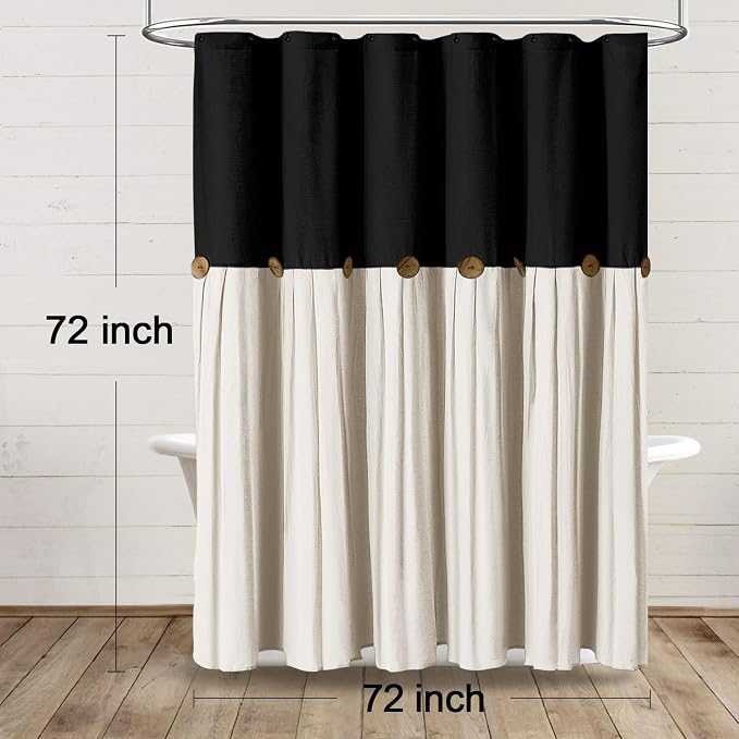 Farmhouse Shower Curtain Linen Button Woven Fabric Country Rustic Western, Black & Cream 72" W x 72" L