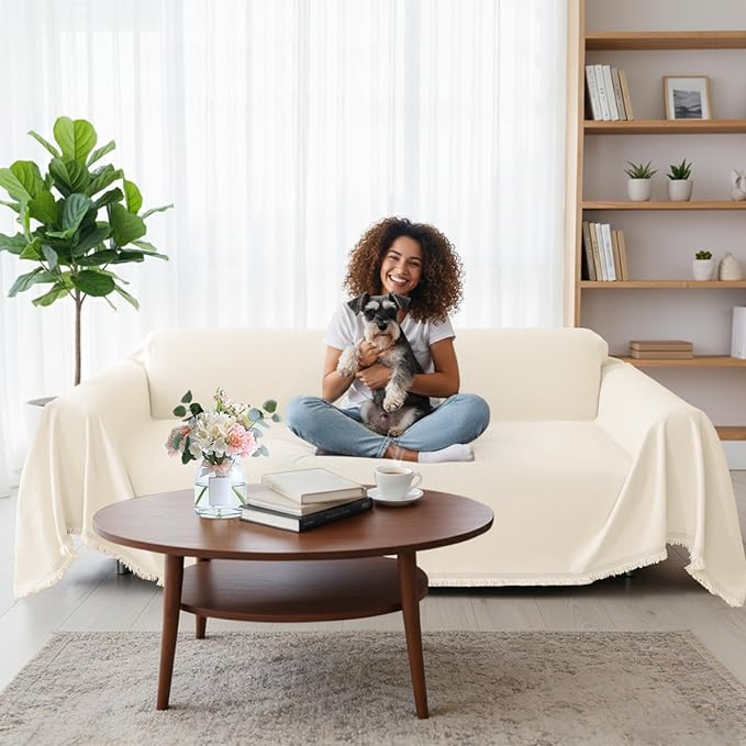Smiry Couch Cover for Dogs, Washable Chenille Sofa Covers for 3 Cushion Couch, Soft Sofa Slipcover for Pets, Thick Sectional Furniture Protector with Tassels (Beige, 71x134 Inch)