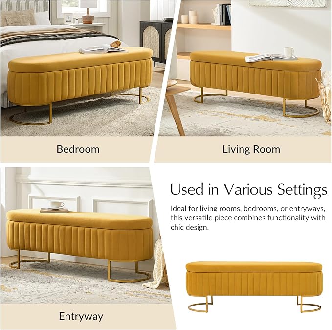 55.5" Velvet Upholstered Storage Bench with Channel Tufted Seat and Metal Legs, Multi-Functional Ottoman with Interior Organizer Pockets for Bedroom and Entryway, Flipping Lid Large Window Bench
