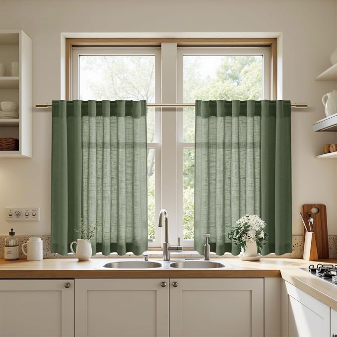 Nanspring Linen Kitchen Curtains 30 Inches Long 2 Panels Olive Green Semi Sheer Short Curtain Back Tab Rod Pocket Solid Privacy Cafe Tier Curtains for Cafe Bathroom Basement 36x30