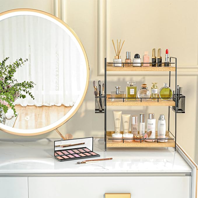 3 Tier Bathroom Counter Organizer with Side Baskets, Wood Countertop Vanity Shelf,Sturdy Metal Frame fits Tall Bottles
