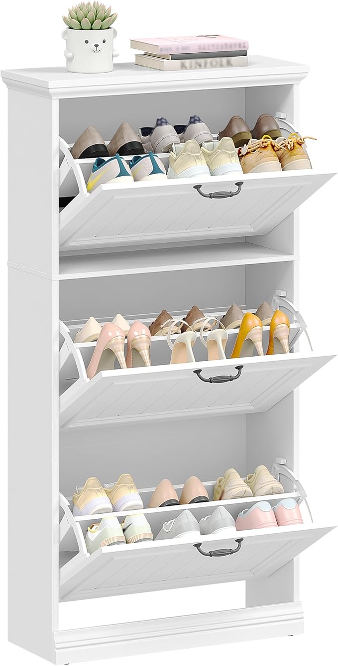 Hzuaneri Shoe Cabinet with 3 Flip Drawers, Freestanding Wood Shoes Storage Organizer with Adjustable Shelves, Hidden Narrow Shoe Cabinet for Entryway Hallway, White, 9.4"D x 24.8"W x 53.3"H, SR60103X