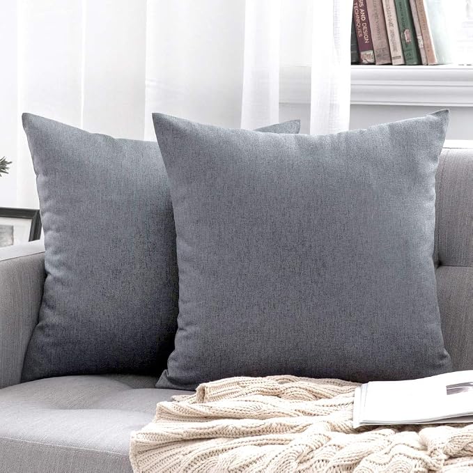 MIULEE Pack of 2 Decorative Outdoor Solid Waterproof Throw Pillow Covers Faux Linen Garden Farmhouse Cushion Cases for Patio Tent Balcony Couch Sofa 16x16 Inch Dark Grey