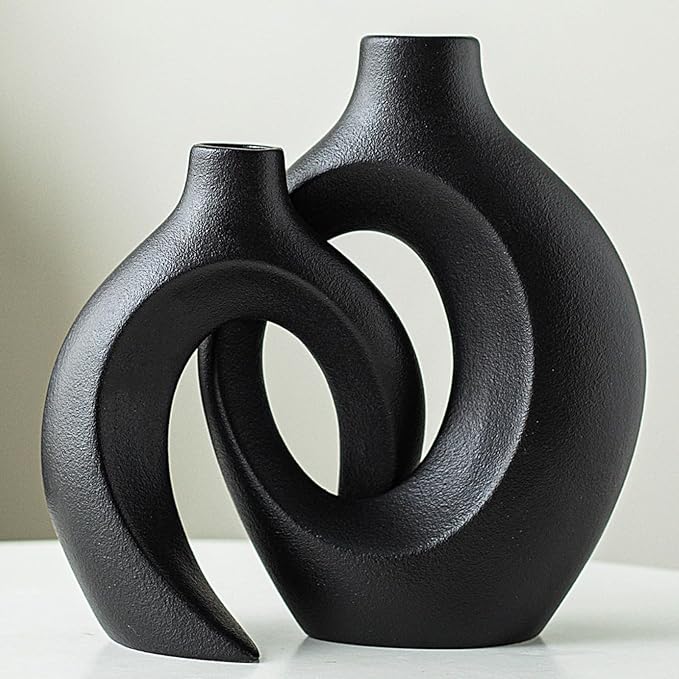 Liotww Black Vases Home Decor Set of 2, Ceramic Black Small Flower Vase, Minimalist Boho Decorative Modern Donut Vase for Farmhouse Living Dining Room Office Entryway Bookshelf Coffee Table Décor