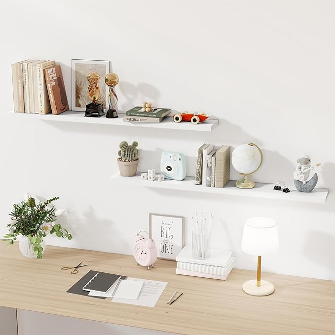 Fun Memories White Floating Shelves for Wall, 48 Inch Floating Shelves for Home Decor, Wall Mounted Rustic Wood Shelves, Bathroom, Hanging Deep Shelf for Bedroom, Living Room, Kitchen, 2 Packs