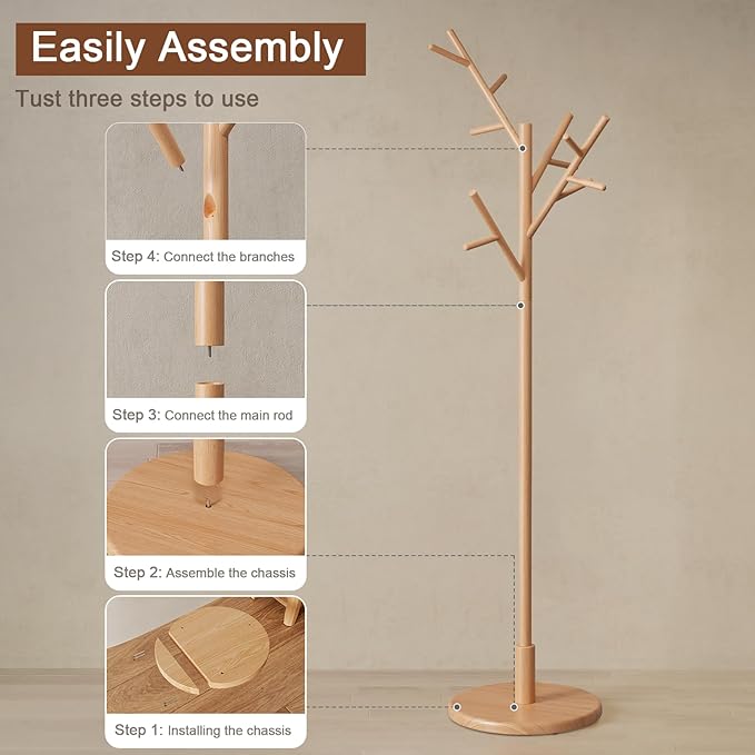Muwuele Coat Rack,Solid Wood Coat Rack Freestanding with 12 Hooks,Coat tree freestanding 3 Adjustable Heights for coat, Hats, Handbags,Coat Stand for Entryway,Bedroom (Natural)