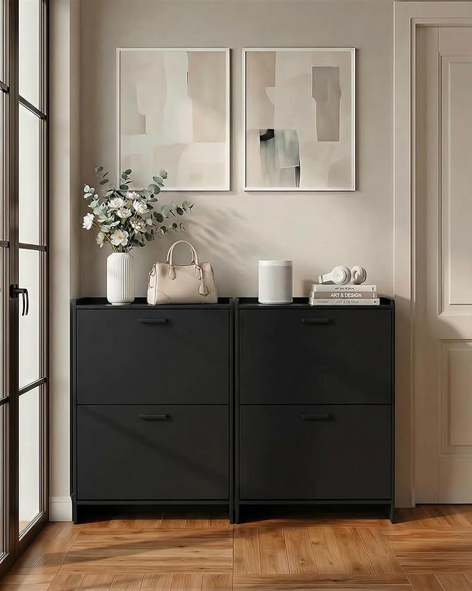 Shoe Cabinet Organizer with 2 Flip Drawers, Freestanding Narrow Rack with Adjustable & Removable Shelves, Slim Shoe Storage for Entryway, Foyer, Hallway, Black