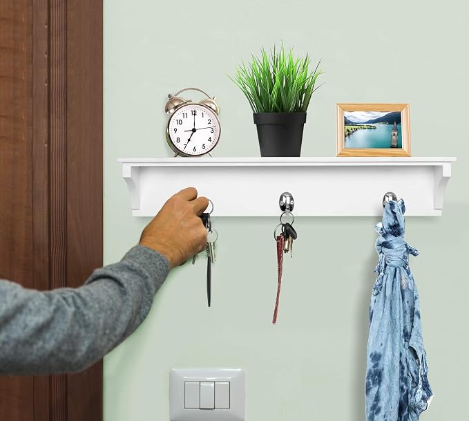 Greenco Entryway Wall Mounted Floating Shelf with Hooks, Hat and Coat Hanging Wooden Storage Shelf, 24” – White