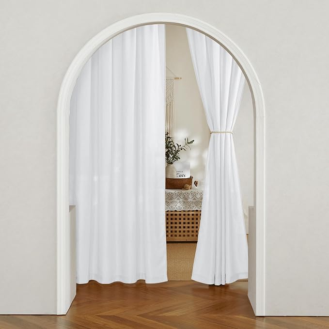 RYB HOME Linen Sheer Curtains 2 Panels for Living Room, Semi Transparent Privacy Drapes with Rod Pocket Farmhouse Style Window Treatments for Bedroom, White, 52" W x 90" L