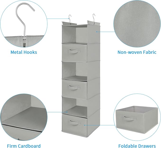 MAX Houser 6 Tier Shelf Hanging Closet Organizer, Closet Hanging Shelf with 2 Sturdy Hooks for Storage, Foldable (Light Grey-D3)