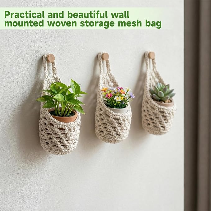6 Pack Macrame Plant Hangers, Small Hanging Planters for up to 5 Inch Pot | Hanging Fruit Baskets for Kitchen Boho Wall Planters for Indoor Plants, Cup and Wall-Mounted Storage-Beige, 9.4" X 5.1"
