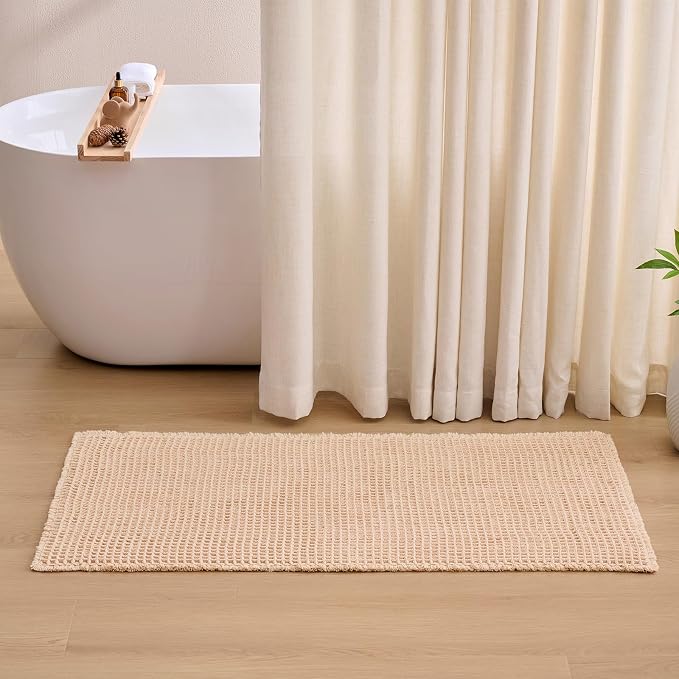 ILANGO Upgraded Waffle Bathroom Runner Rugs,Super Absorbent Boho Non Slip Bathroom Mats Quick Dry,Ultra Soft Machine Washable Mat with Tassels for Hallway,24x60,Beige