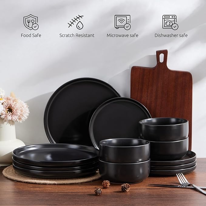E-far Stoneware Dinnerware Sets for 4, 12-Piece Plates and Bowls Set, Modern Ceramic Dishes Dinning Ware, Microwave & Dishwasher Safe - Matte Black