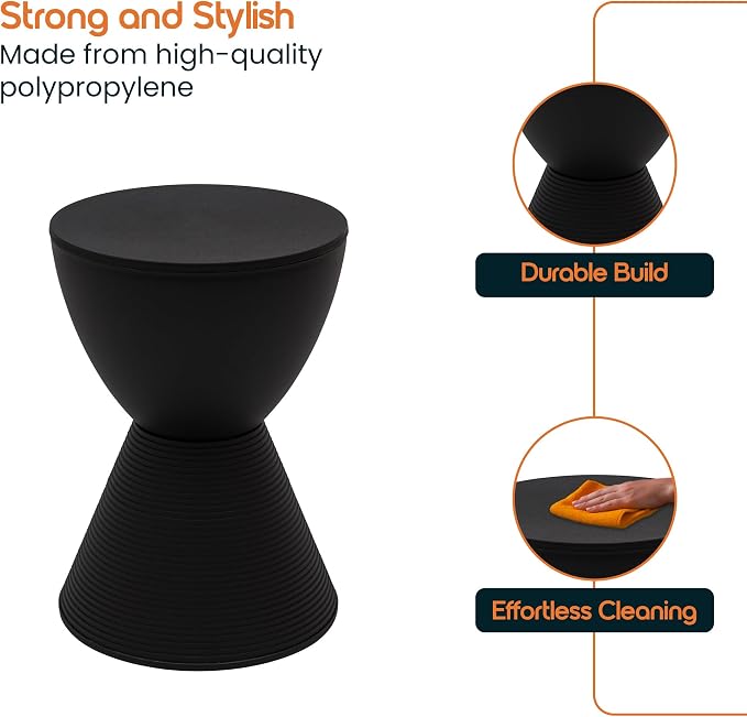 LeisureMod Black Side Table – Modern Hourglass Drum End Table with Storage, Removable Lid – Compact Accent Table for Indoor & Outdoor Use