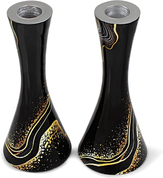 Zion Judaica Marble Decal Candle Holder Set of 2 - Black & Gold Marbleized Candlesticks 6.75" Hourglass Shape Fits 7/8" Thick Tapered/Shabbat Candles Bat Mitzvah Gift for Jewish Wedding (Black Burst)