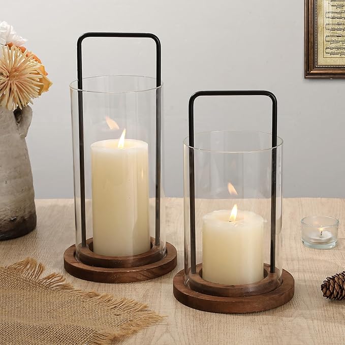 Glass Hurricane Candle Holder with Metal Handle and Wooden Base, Modern Home Decor, Set of 2 for Indoor Use, Medium 5.9" x 7.5" & 5.9" x 9.48"