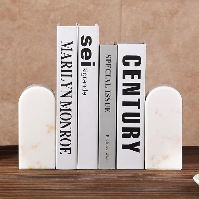 Koville Natural Marble Bookends for Shelves, Decorative Book Ends, 7lbs Heavy-Duty Marble Book Holders, Bookshelf Apartment Decor for Normal Books/CD/Video Games Calacatta