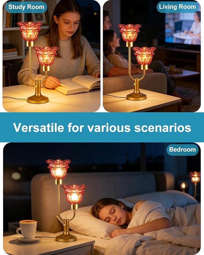 Lightdot Mid Century Modern Flower Glass Table Lamp Gold Dimmable Red Desk Lamps 2 Bulbs Included 3000K Warmwhite Bedside Nightstand Ambiance Lamp for Living Room Bedroom