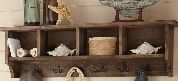 Alaterre Furniture Pomona Coat Hooks – Rustic Farmhouse 48" Wall-Mounted Entryway Coat Rack with Shelf, 6 Double Hooks & 4 Open Cubbies – Solid Wood Mudroom Hallway Storage Organizer (Rustic Brown)
