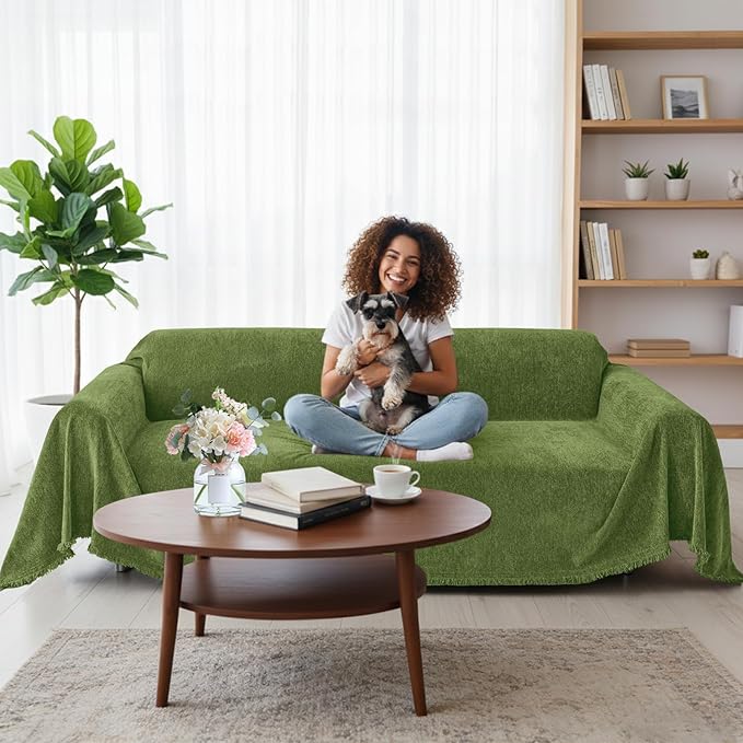 Smiry Couch Cover for Dogs, Washable Chenille Sofa Covers for 3 Cushion Couch, Soft Sofa Slipcover for Pets, Thick Sectional Furniture Protector with Tassels (Green, 71x91 Inch)