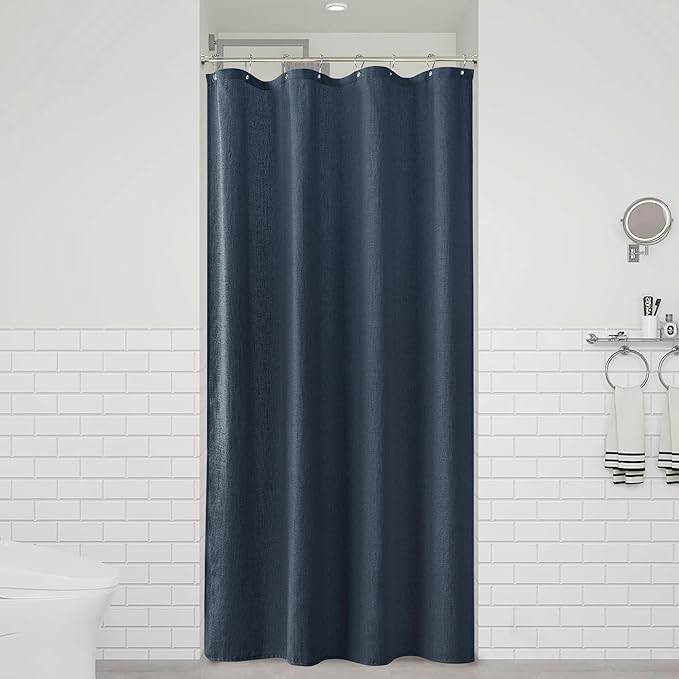 Naturoom Denim Blue 42 Inch Shower Curtain - Stall Narrow Half Linen Ultra Thick Fabric Shower Curtain Set with Hooks, Boho Farmhouse Rustic RV Camper Bath Curtains for Bathroom, 42x72