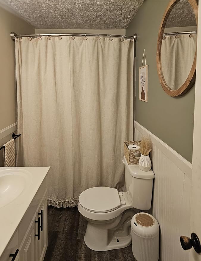 78 Inches Long Natural Linen Shower Curtain with Tassels, Tall Country Boho Farmhouse Linen Shower Curtains for Bathroom Natural Cloth Weighted Fabric Bath Curtains