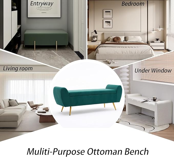 Storage Bench for Bedroom, 55" Extra Long Bench for King Size Bed, Modern Upholstered End of Bed Ottoman Bench with Arms for Entryway Living Room (Velvet, Green)