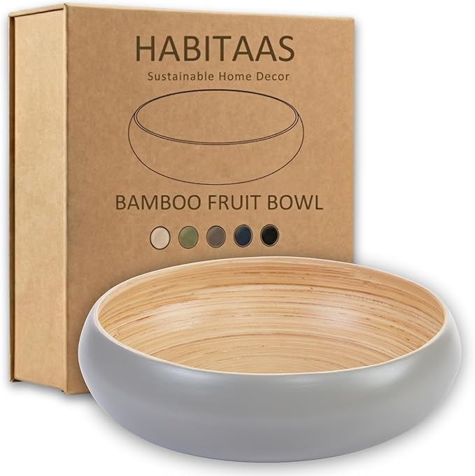 Fruit Bowl for Kitchen Counter – Handmade Spun Bamboo, Large 11.75" Fruit Basket, Eco-Friendly Decorative Serving Bowl for Home Decor, Produce Storage & Centerpiece (Gray)