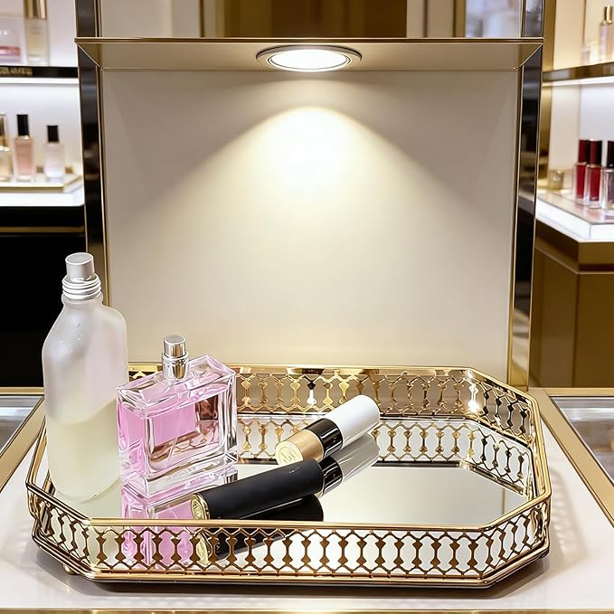 Glass and Gold Rectangular Tray Dinner Plate Perfume and Vanity Tray Decorative Mirrored Vanity Tray with Gold Metal Cutout Design, Glass and Metal Jewelry ,11 inch (11 Inch Rectangular)