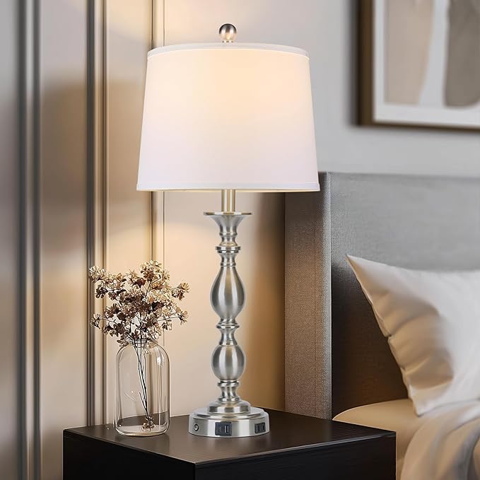 28" Tall Modern Table Lamp with USB A+C Ports and AC Outlet, 3 Way Touch Metal Bedside Lamps for Bedroom, Silver Farmhouse Nightstand Lamps for Living Room