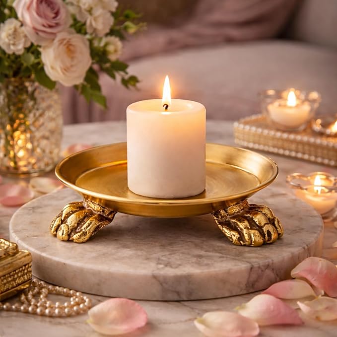 Round Clawfoot Dish, Vintage Gold Pedestal Candle Holder and Jewelry Tray for Rings, Perfume, Vanity and Home Decor