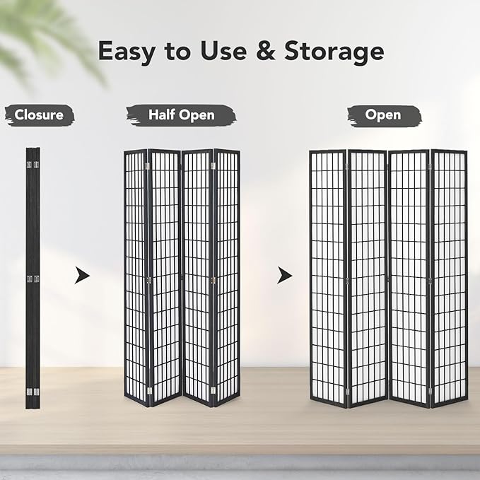 JOSTYLE 6ft Room Divider Wall Shoji Screen, 4 Panel Folding Privacy Screen for Room Separation, Japanese Wood Room Divider, Black, 70.9" H x 69" W
