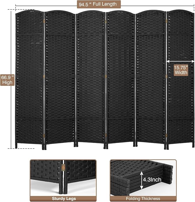 Room Divider 6 Panel 5.6 FT Tall Privacy Screen Waterproof Wood Frame Partition Room Dividers and Folding Privacy Screens Freestanding Wall Divider Indoor and Outdoor for Portable Room Separation