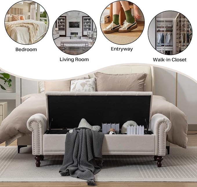 SOFTHION 58.1" Storage Bench Upholstered Linen End of Bedroom Bed Bench Ottoman with Tufted Cushioned Rolled Arm Large Storage Space for Reading Living Room Entryway, Beige