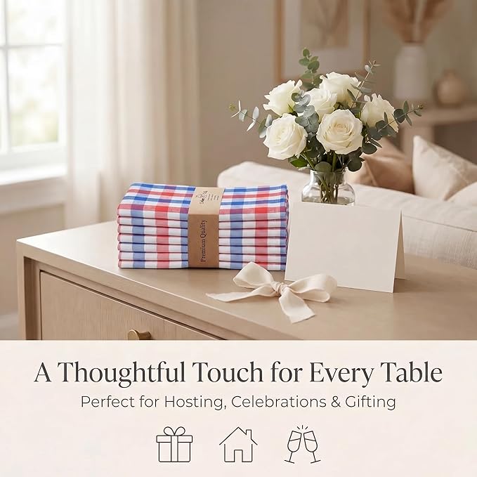 Urban Villa Cloth Napkins 100% Cotton Highly Absorbent Washable Durable Reusable Premium Dinner Napkins Ideal for Gifts for Mothers Day Hotel Farmhouse Parties - Red/Blue/White (20" x 20", Set of 12)