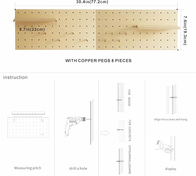 Pegboard Wall Organizer, 2 Pack Large Peg Board with Shelves & Brass Hooks, Modular DIY Storage Panel for Entryway, Craft Room - Heavy Duty Display Board for Hats, KeysโBirch Color Finish