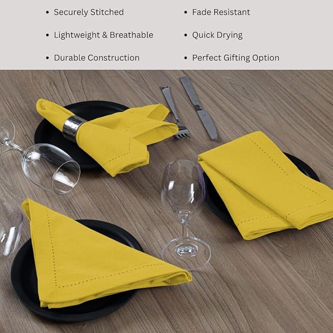 Hemstitch Cloth Dinner Napkins 100% Cotton Set of 6 - for Dining Special Occasions Weddings Parties Holidays Easter - Soft Durable Reusable - Elegant 18x18 Inch Table Cloth Napkins Yellow