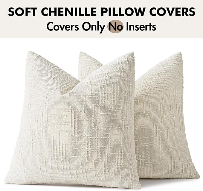 MIULEE Textured Throw Pillow Covers Thick Chenille Decorative Pillows Cream White 22x22 Inch Set of 2 Modern Boho Farmhouse Home Decor Neutral Cushion Covers for Couch Sofa Living Room Bedroom