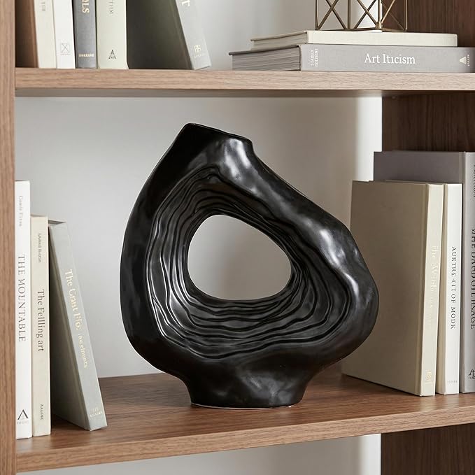 Sunddo 9 Inch Black Ceramic Vase for Modern Home Decor - Donut Decorative Vase for Flowers, Minimalist Boho Style Vase for Living Room, Table Centerpiece