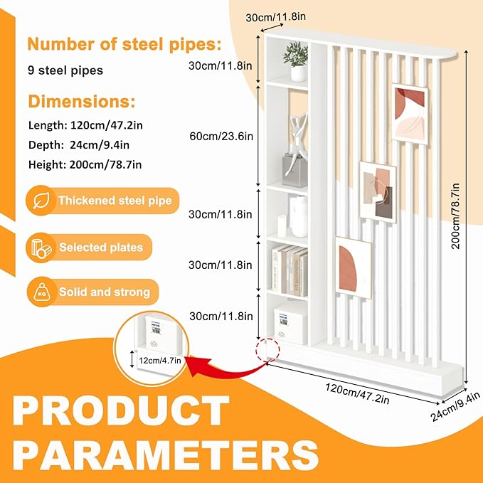 Wall Room Divider, Freestanding Wood Room Divider Shelf with Shelves, Divider Screen Separator Screen with Storage, Wall Divider for Room Separation, for Home Office Decorative(White,47.2IN)