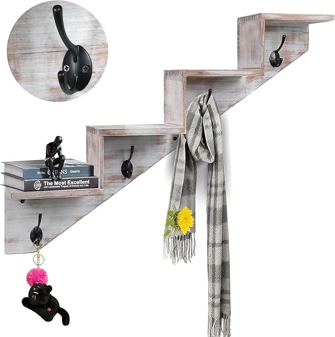 Hookmous Coat Rack Wall Mount with Shelf, White Wall Shelf with Hooks, Sturdy Wooden Rise Staircase Shelves, Space-Saving Decorative Organizer for Entryway, Mudroom, Hallway, Living Room, Bedroom