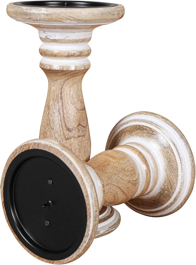 Wooden Candle Holder Set of 2 (8" & 6") - Handcrafted Pillar Candle Stand - Rustic Mango Wood Decorative Candle Holders for Home, Mantel, and Table Décor - Distress White