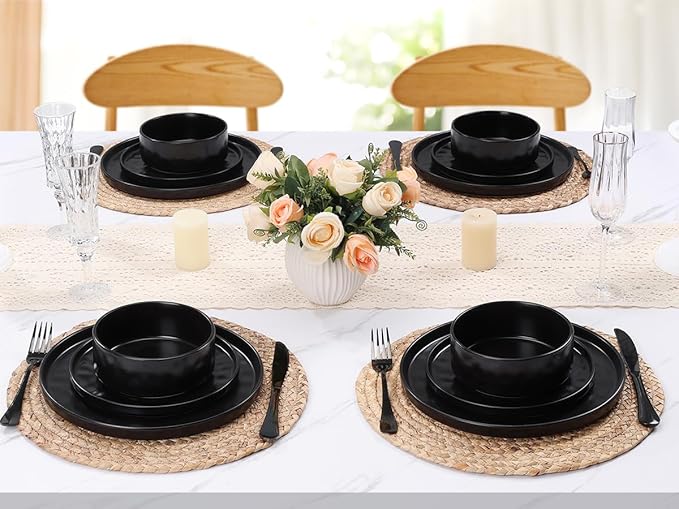 LIANYU Dinnerware Dishes Sets for 2, 6 Piece Stoneware Plates and Bowls Dishware Set, Ceramic Dinning Ware Includes Dinner Salad Plates, Cereal Bowls, Chip & Scratch Resistant, Obsidian Matte Black