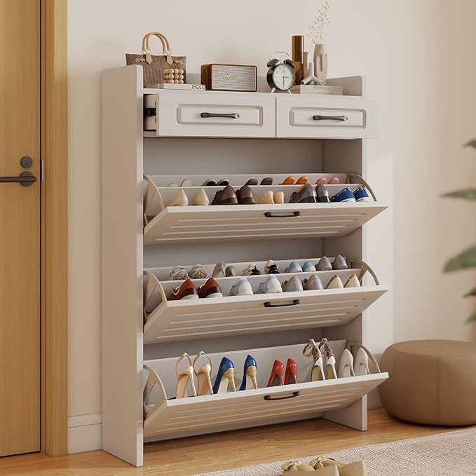 Shoe Cabinet with 3 Large Flip Drawers and 2 Storage Drawers, Narrow Shoe Organizer Cabinet Fits for Kinds of Shoes, Slim Shoe Storage Cabinet for Entryway, Hallway, White