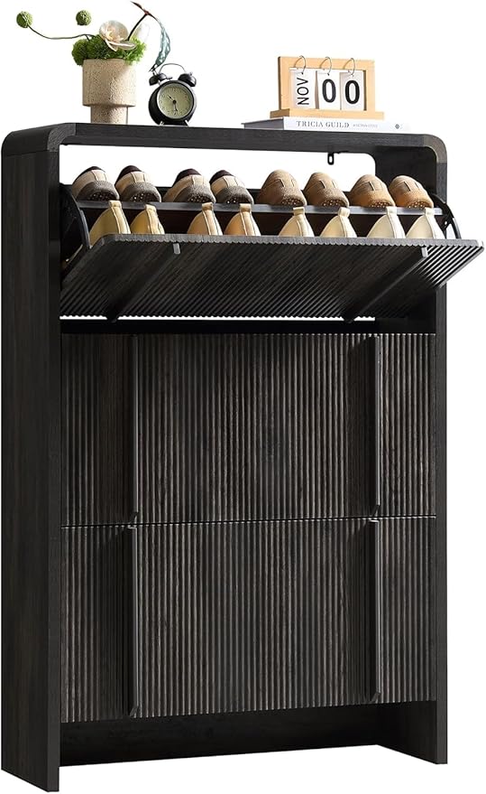 AMERLIFE Shoe Cabinet with 3 Flip Drawers, Fluted Shoe Organizer with Adjustable Shelf for Space-Saving, Freestanding Shoe Storage Rack for Entryway, Hallway, Black