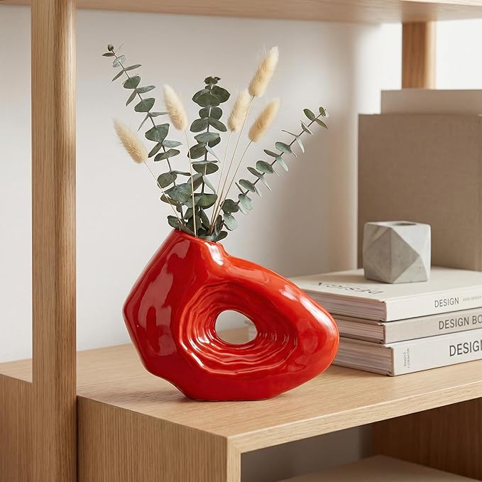 Sunddo Red Ceramic Vase, 7 Inch Small Boho Style Decorative Vases for Flowers, Donut Modern Flower Vase for Home Decor, Art Nordic Aesthetic Vases, Living Room, Desk Decor