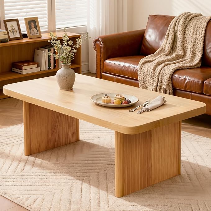 BECHAEO Modern Coffee Table, Solid Pine Wood, 47" Rectangle Center Table for Living Room, Real Wood Legs & Sturdy Base, Minimalist Rustic Coffee Table