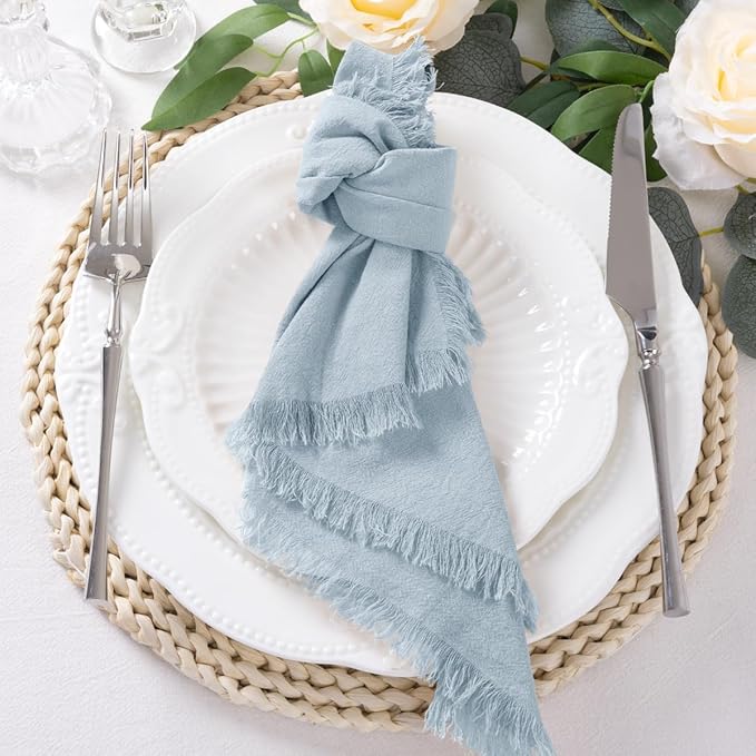 DeZerlor 12 Pack Grey- Blue Cotton Linen Napkins with Fringe Summer Cloth Napkins Set of 12 Boho Handmade Dinner Napkins Bulk for Wedding Bridal Baby Shower Parties, 17 x 17 Inches