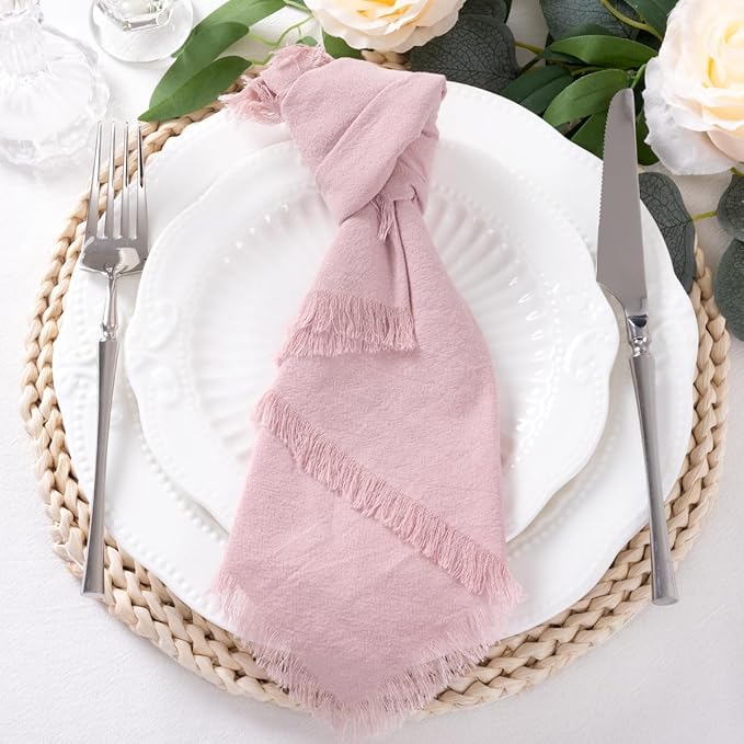 DeZerlor 6 Pack Pink Cotton Linen Napkins with Fringe Summer Cloth Napkins Set of 6 Boho Handmade Dinner Napkins Bulk for Wedding Bridal Baby Shower Parties, 17 x 17 Inches